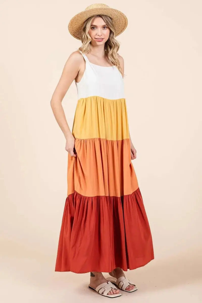 Trendsi Color Block Maxi Dress Women's Casual Tiered Long Dress - Flowy & Comfy