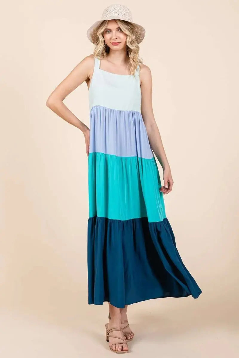 Trendsi Color Block Maxi Dress Women's Casual Tiered Long Dress - Flowy & Comfy