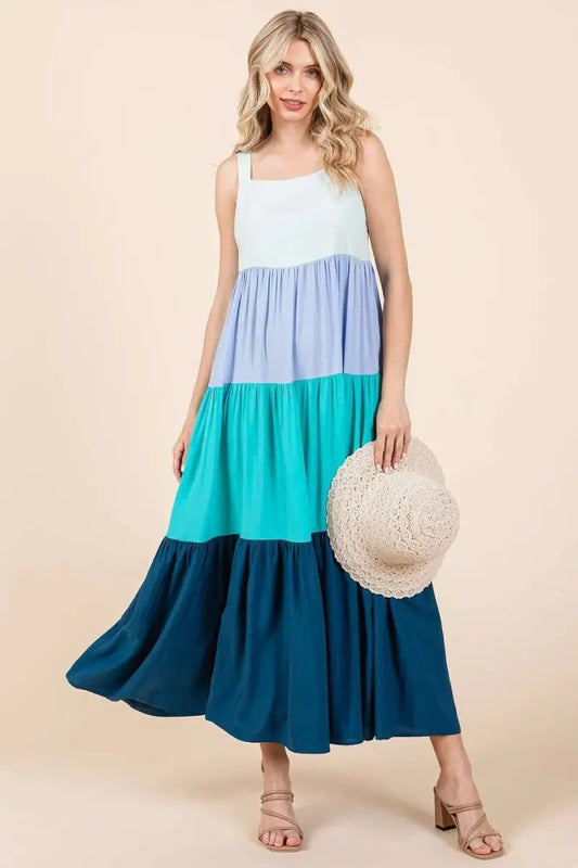 Trendsi Color Block Maxi Dress Women's Casual Tiered Long Dress - Flowy & Comfy
