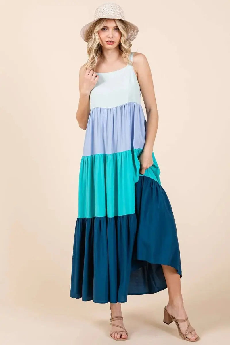 Trendsi Color Block Maxi Dress Women's Casual Tiered Long Dress - Flowy & Comfy