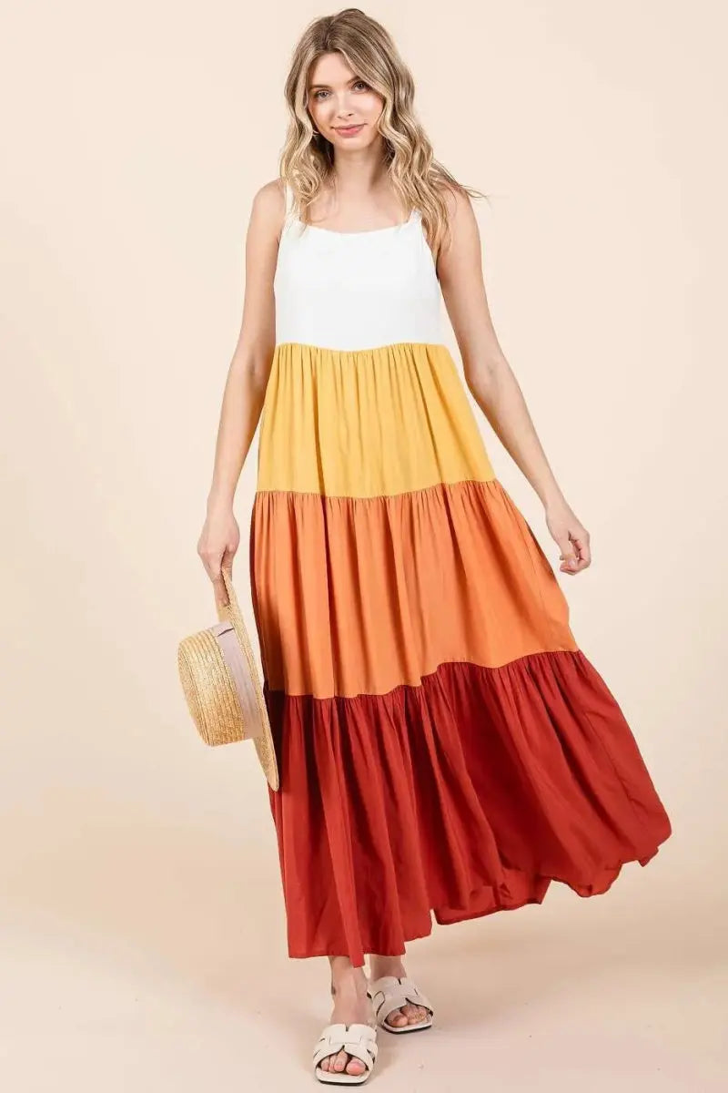 Trendsi Color Block Maxi Dress Women's Casual Tiered Long Dress - Flowy & Comfy