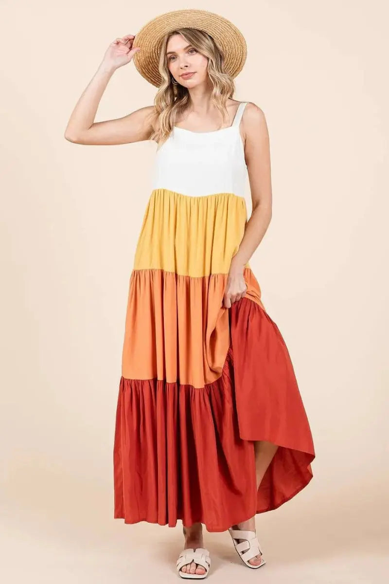 Trendsi Color Block Maxi Dress Women's Casual Tiered Long Dress - Flowy & Comfy