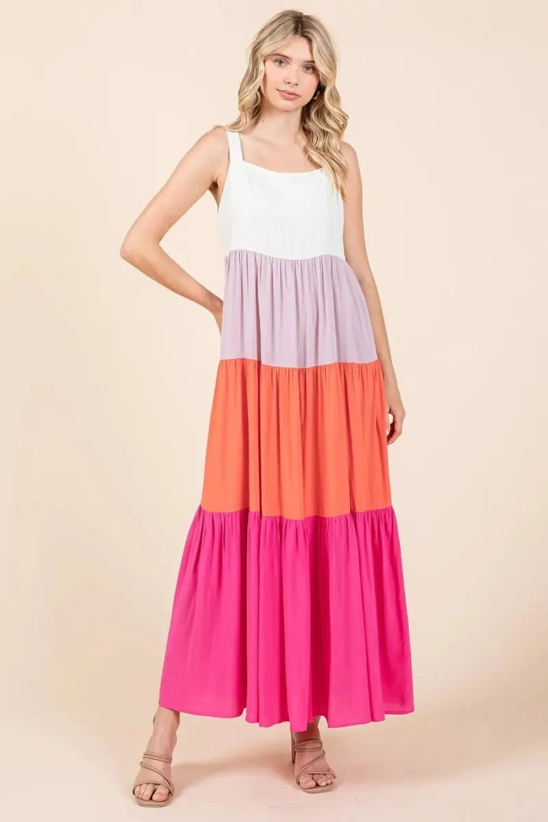 Trendsi Color Block Maxi Dress Women's Casual Tiered Long Dress Comfortable, USA Ship