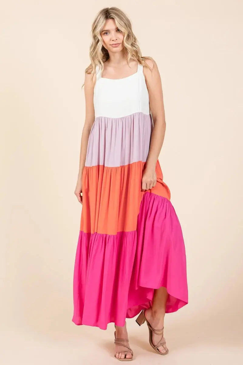 Trendsi Color Block Maxi Dress Women's Casual Tiered Long Dress Comfortable, USA Ship