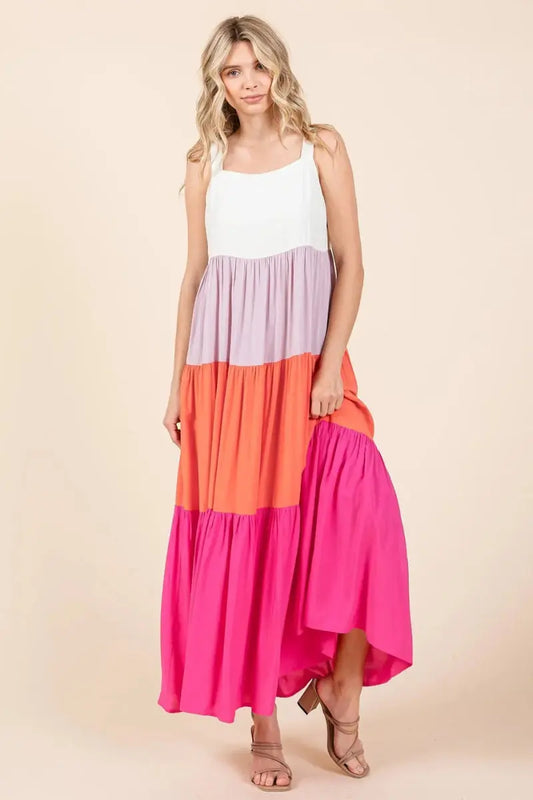 Trendsi Color Block Maxi Dress Women's Casual Tiered Long Dress Comfortable, USA Ship