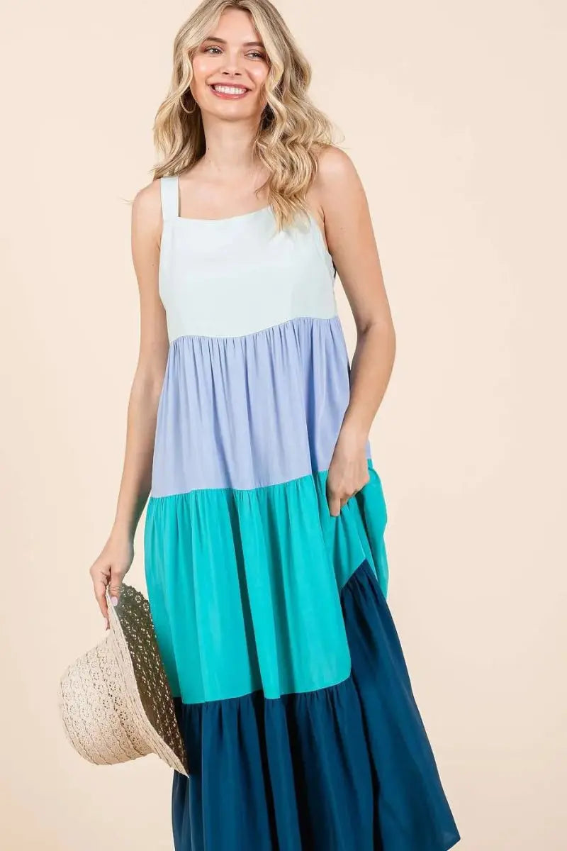 Trendsi Color Block Maxi Dress Women's Casual Tiered Long Dress - Flowy & Comfy