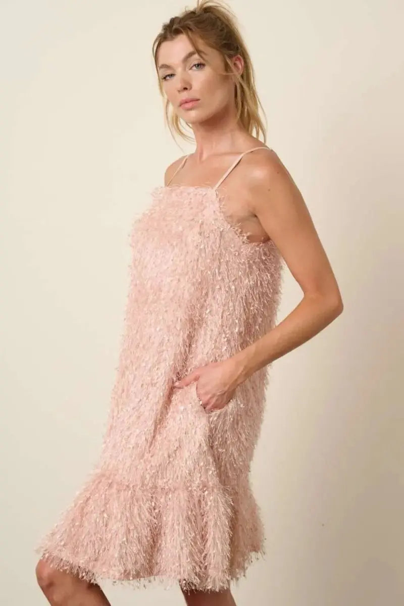 Trendsi Feather Mini Dress Women's Party Club Cami Dress Ruffle Hem USA