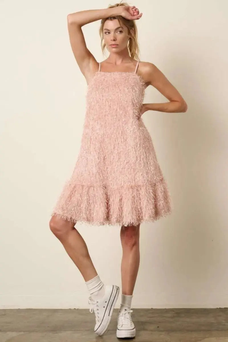 Trendsi Feather Mini Dress Women's Party Club Cami Dress Ruffle Hem USA