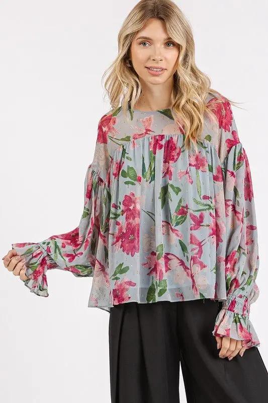 Blouse - Floral Flounce Sleeve - Casual Round Neck