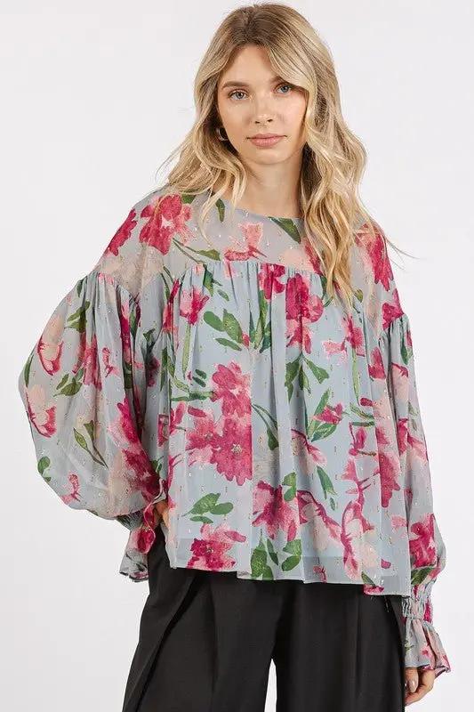 Blouse - Floral Flounce Sleeve - Casual Round Neck