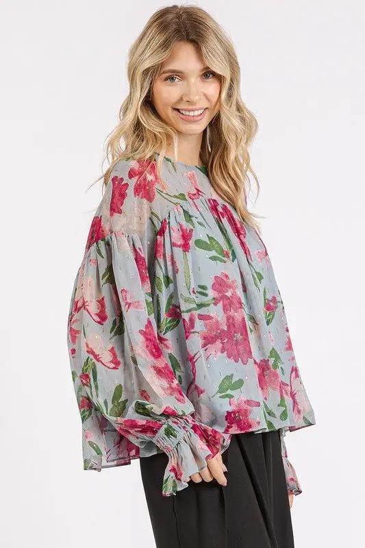 Blouse - Floral Flounce Sleeve - Casual Round Neck