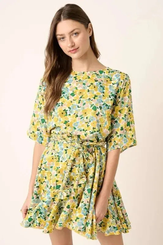 Trendsi Floral Mini Dress Women's Casual Summer Dress Tie Waist Cute