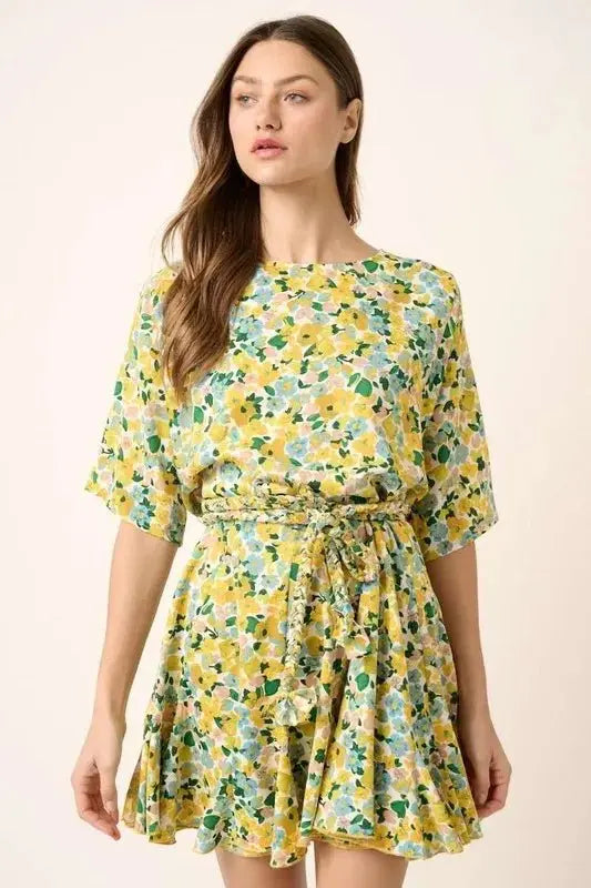 Trendsi Floral Mini Dress Women's Casual Summer Dress Tie Waist Cute
