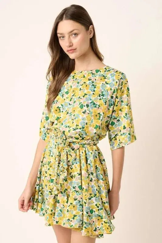 Trendsi Floral Mini Dress Women's Casual Summer Dress Tie Waist Cute