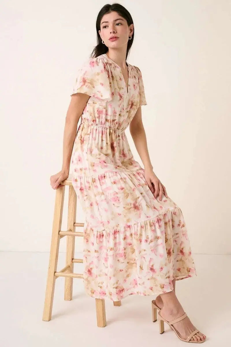 Trendsi Flower Maxi Dress Women's Summer Casual V-Neck Flutter Sleeve