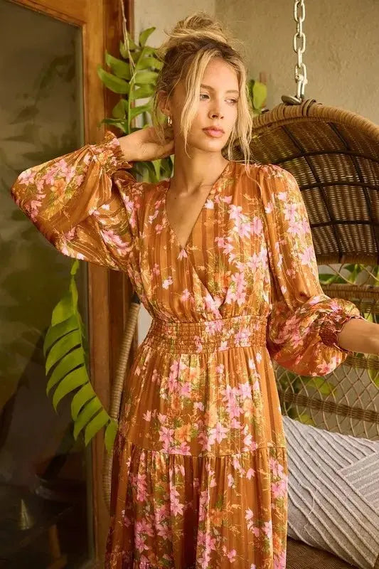 Trendsi Flower Print Dress Women's Casual Midi Dress Smocked & Flowy