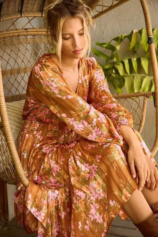 Trendsi Flower Print Dress Women's Casual Midi Dress Smocked & Flowy