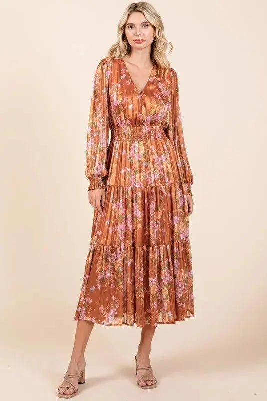 Trendsi Flower Print Dress Women's Casual Midi Dress Smocked & Flowy