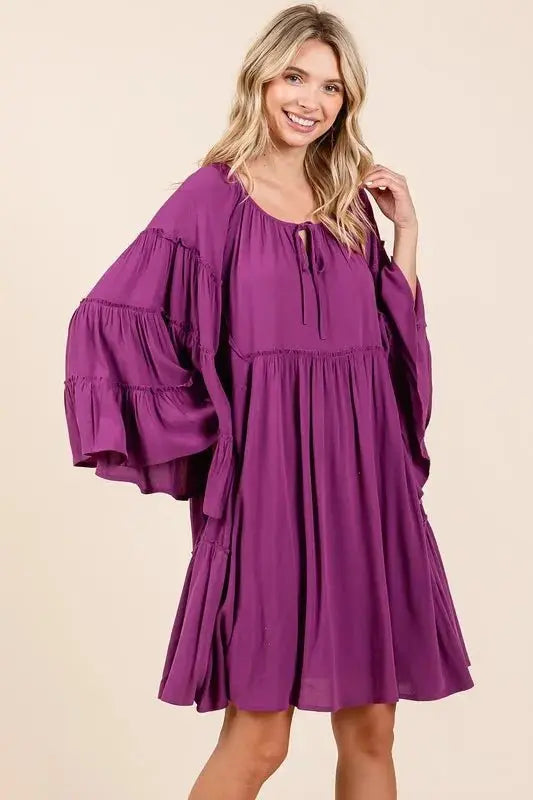 Trendsi Frill Tie Neck Dress Women's Party/Date Night Mini Dress - Bell Sleeves