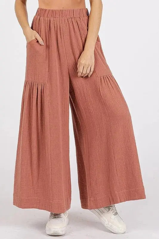 Trendsi Gauze Pants Women's Casual Wide Leg Pleated Trousers - Elastic Waist, Lightweight