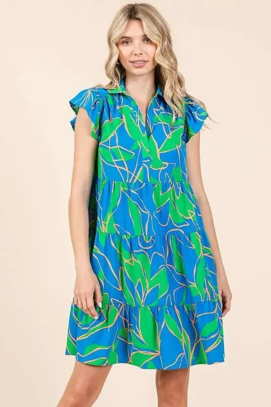Trendsi Leaf Print Mini Dress Women's Summer Casual Ruffle Sleeve Tiered Dress