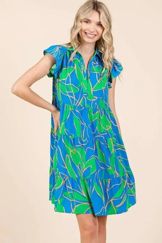 Trendsi Leaf Print Mini Dress Women's Summer Casual Ruffle Sleeve Tiered Dress