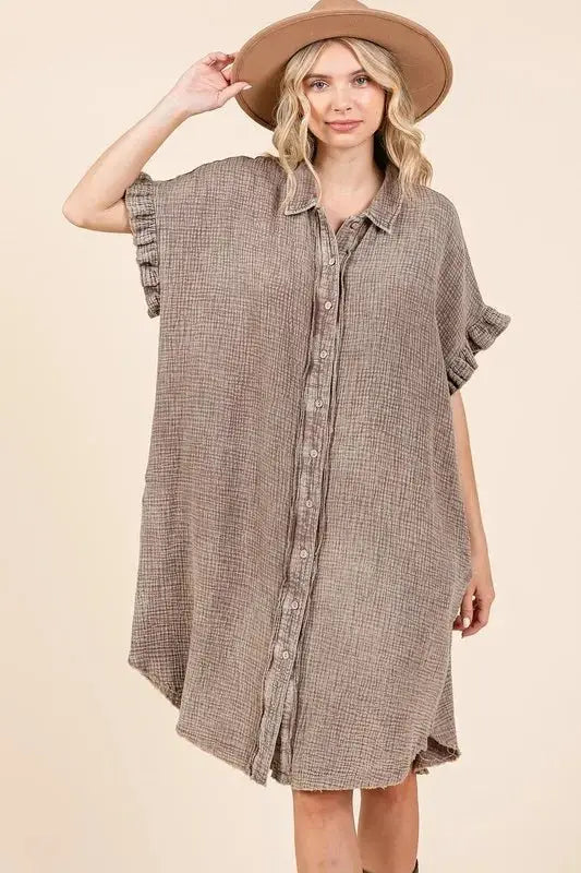 Trendsi Mineral Wash Mini Dress Women's Casual Cotton Gauze Shirt Dress - Lightweight