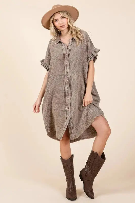 Trendsi Mineral Wash Mini Dress Women's Casual Cotton Gauze Shirt Dress - Lightweight