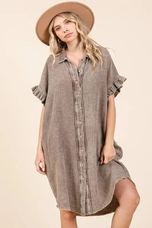 Trendsi Mineral Wash Mini Dress Women's Casual Cotton Gauze Shirt Dress - Lightweight