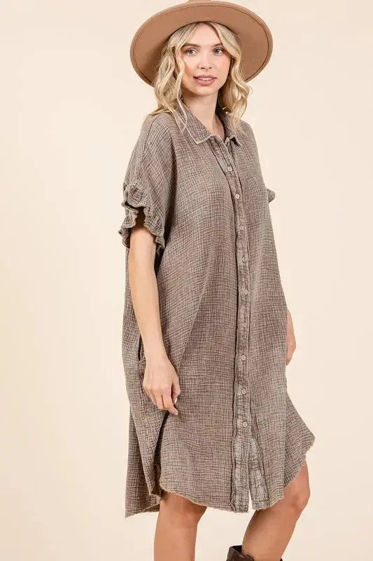 Trendsi Mineral Wash Mini Dress Women's Casual Cotton Gauze Shirt Dress - Lightweight