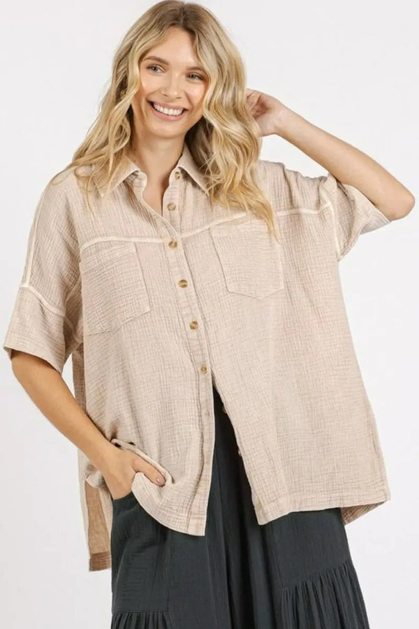 Trendsi Mineral Wash Gauze Women's Oversized Tee - Casual, Breathable Short Sleeve Shirt