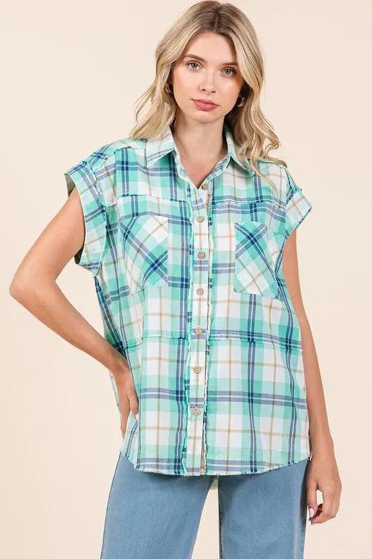 Trendsi Mineral Wash Plaid Women's Button Down Shirt Casual, Comfortable