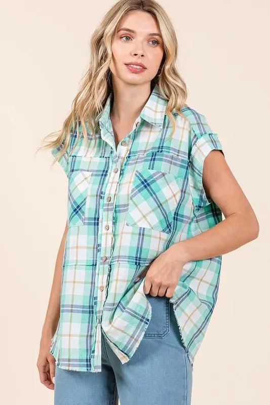 Trendsi Mineral Wash Plaid Women's Button Down Shirt Casual, Comfortable