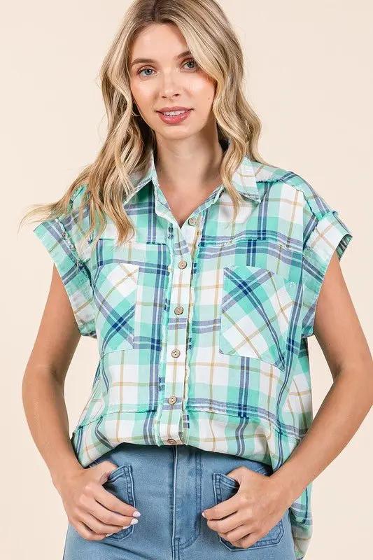 Trendsi Mineral Wash Plaid Women's Button Down Shirt Casual, Comfortable