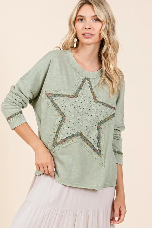 Long Sleeve T-Shirt - Mineral Wash Star - Comfy Casual Fit
