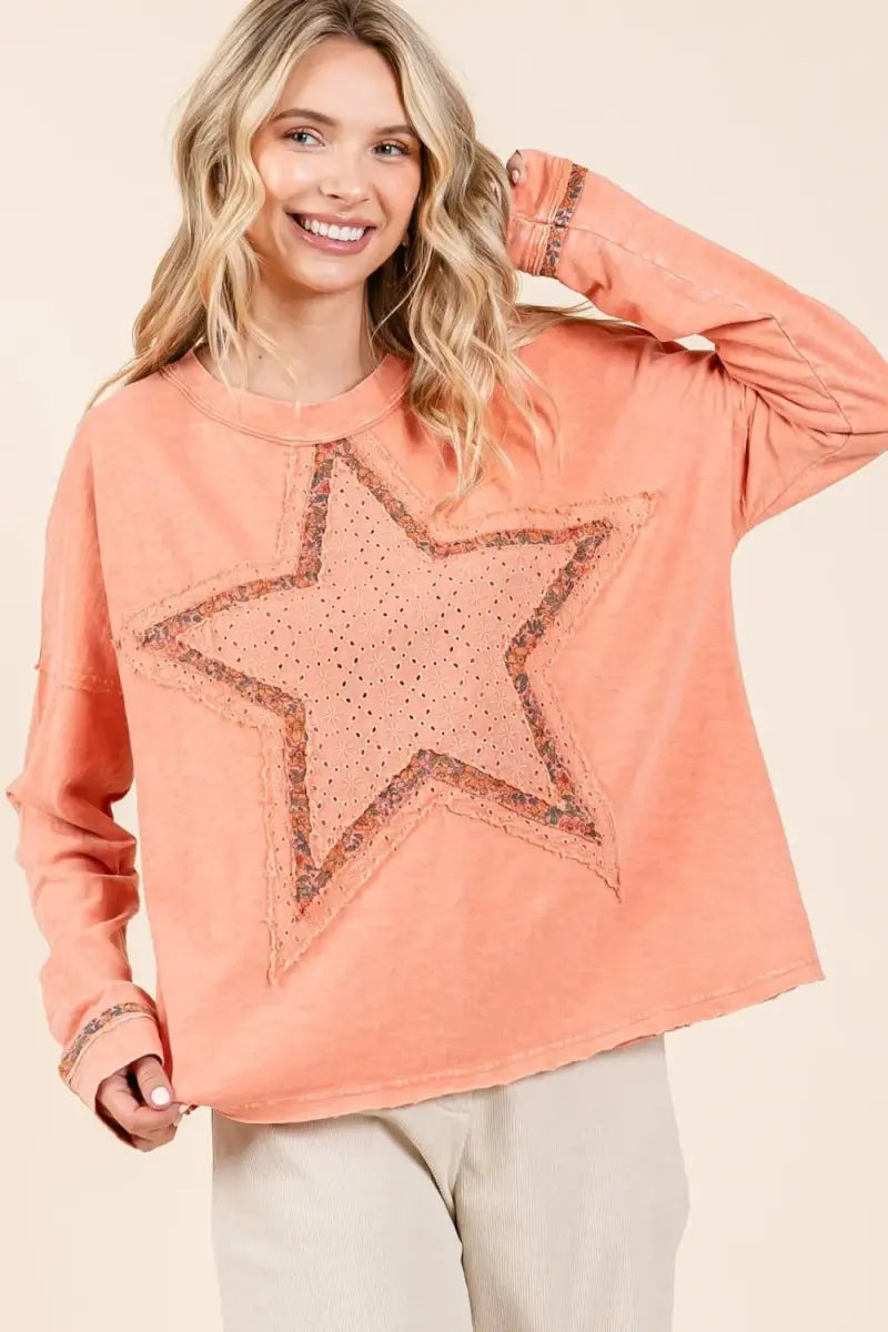 Trendsi Mineral Wash Star Patch Women's Casual Long Sleeve T-Shirt: Soft & Comfy