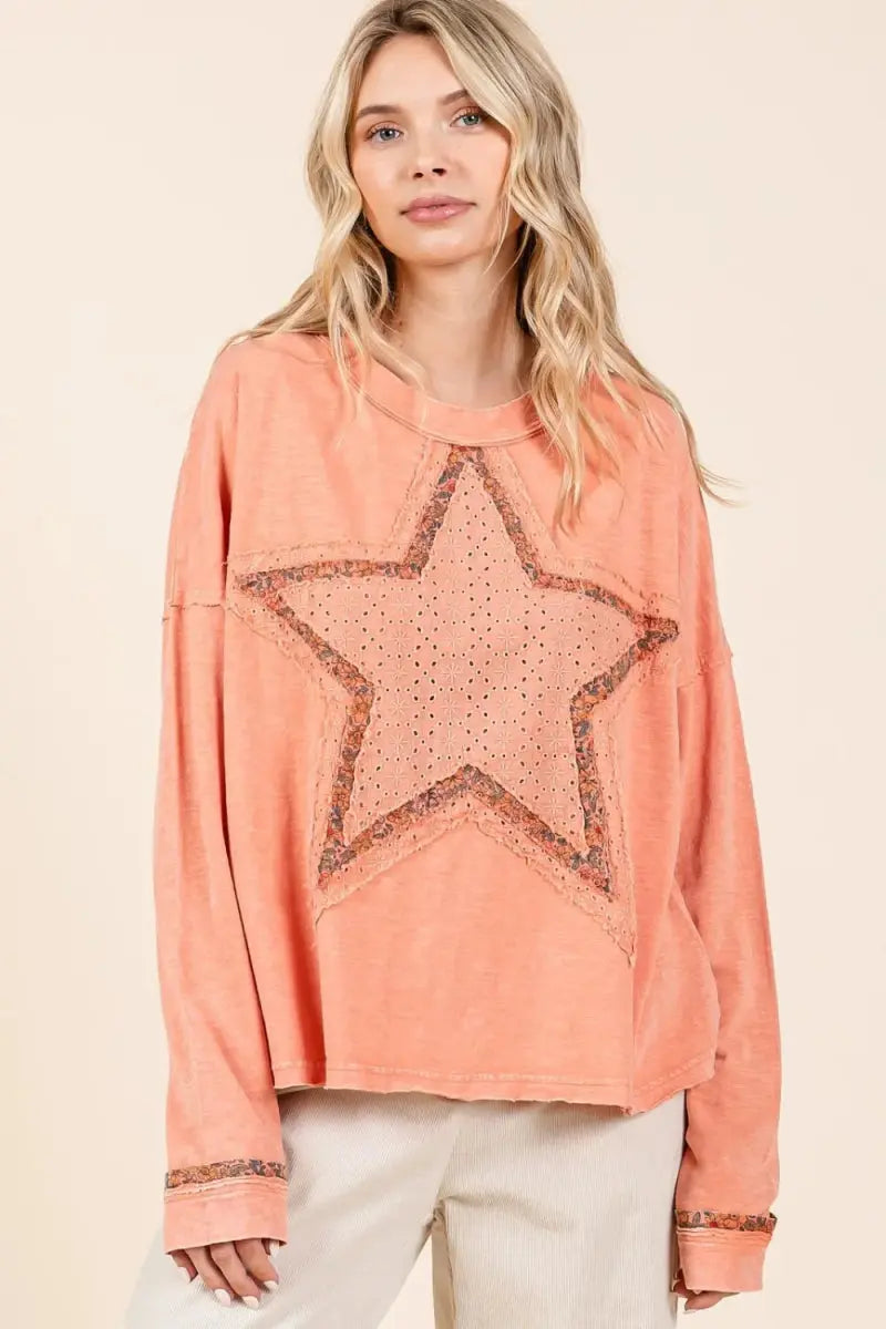 Trendsi Mineral Wash Star Patch Women's Casual Long Sleeve T-Shirt: Soft & Comfy