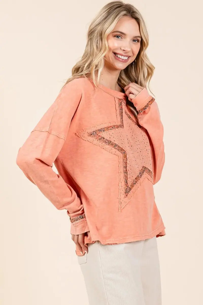 Trendsi Mineral Wash Star Patch Women's Casual Long Sleeve T-Shirt: Soft & Comfy