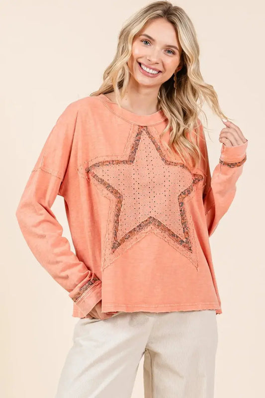 Trendsi Mineral Wash Star Patch Women's Casual Long Sleeve T-Shirt: Soft & Comfy