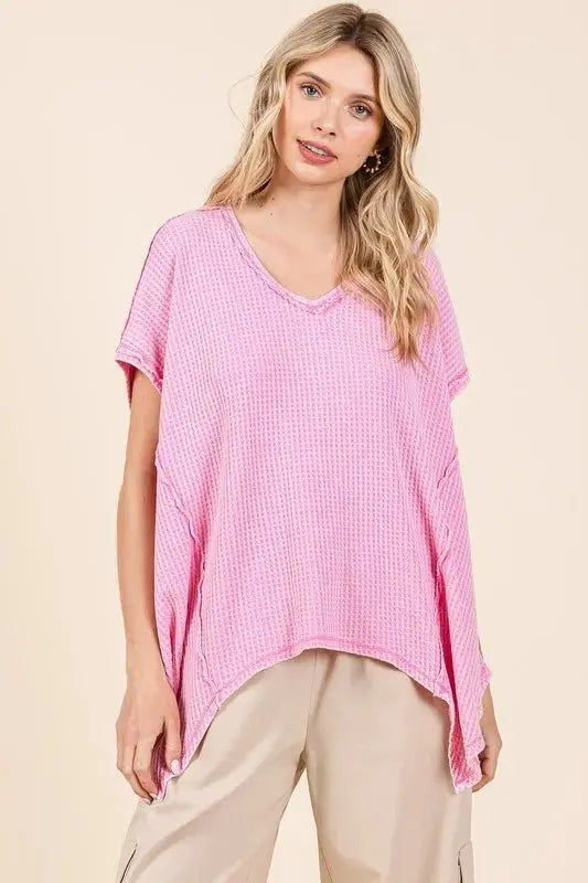 Trendsi Mineral Wash Waffle Knit Women's Casual Top + Pointed Hem + Trendy Style