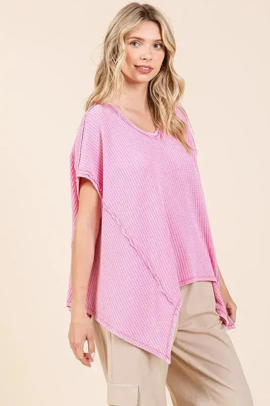 Trendsi Mineral Wash Waffle Knit Women's Casual Top + Pointed Hem + Trendy Style