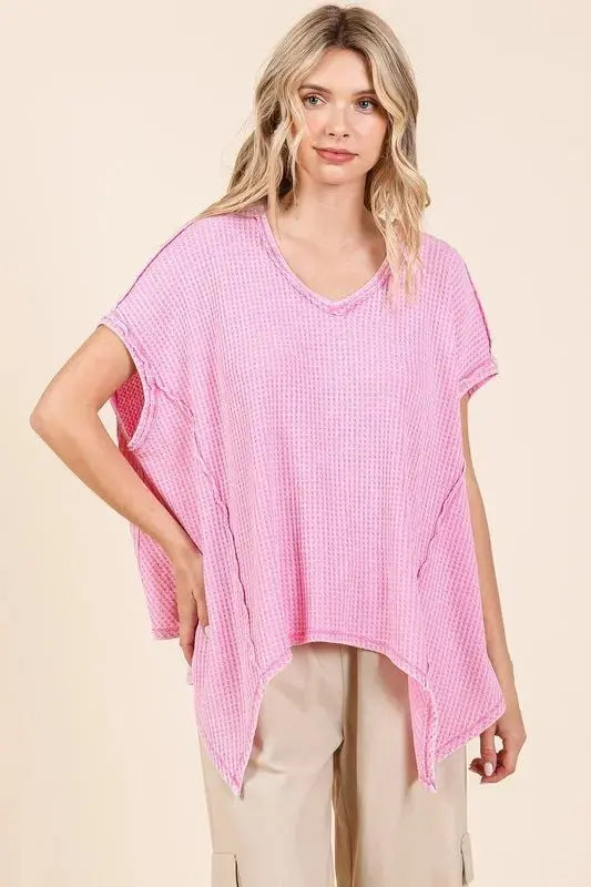 Trendsi Mineral Wash Waffle Knit Women's Casual Top + Pointed Hem + Trendy Style