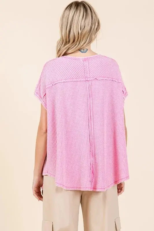 Trendsi Mineral Wash Waffle Knit Women's Casual Top + Pointed Hem + Trendy Style