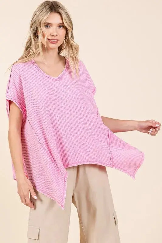 Trendsi Mineral Wash Waffle Knit Women's Casual Top + Pointed Hem + Trendy Style