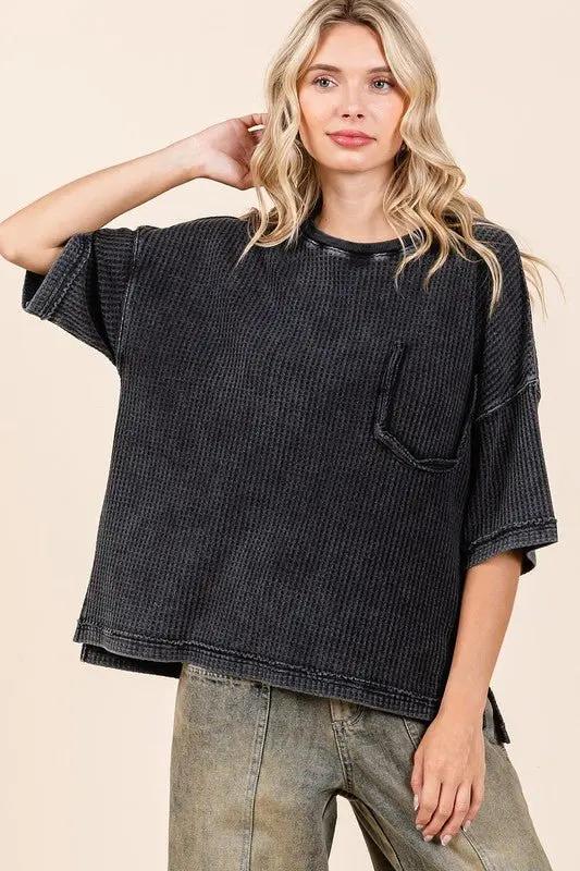 Trendsi Mineral Wash Top Women's Casual Waffle Knit Tee - Soft & Comfy