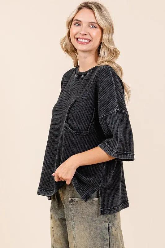 Trendsi Mineral Wash Top Women's Casual Waffle Knit Tee - Soft & Comfy