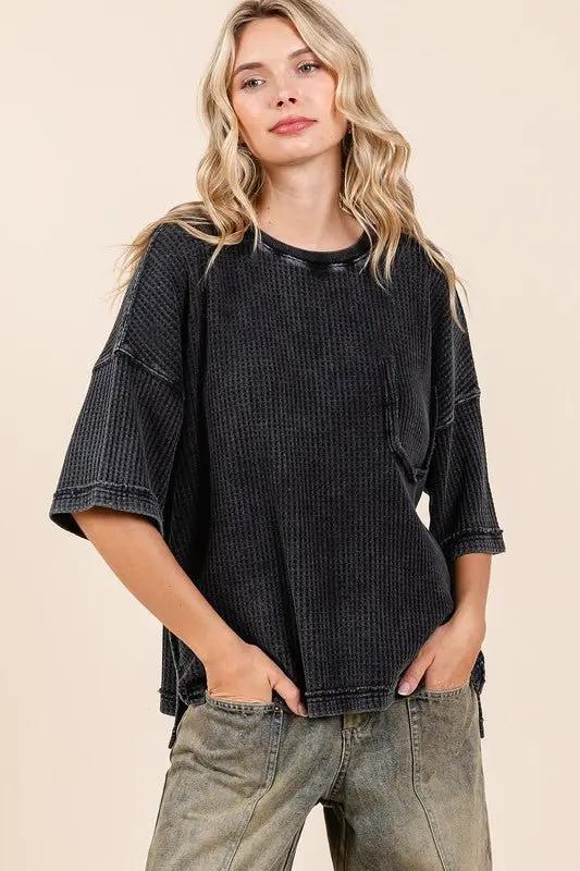Trendsi Mineral Wash Top Women's Casual Waffle Knit Tee - Soft & Comfy
