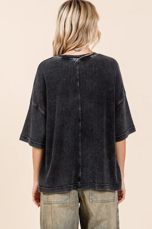 Trendsi Mineral Wash Top Women's Casual Waffle Knit Tee - Soft & Comfy