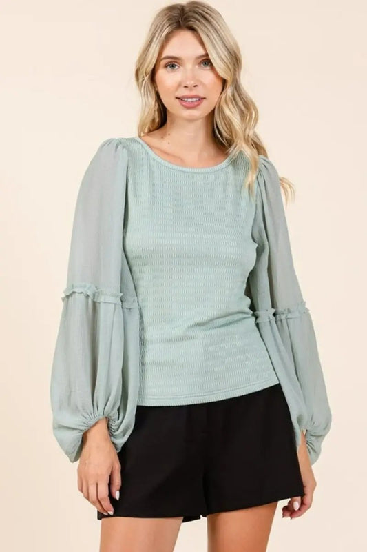 Women's Long Sleeve Top - Knit Chiffon - Textured Mixed Media