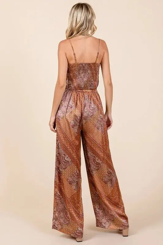 Wide Leg Pants - Paisley Satin - Stylish Comfort